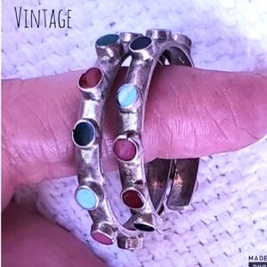 Vintage Onyx, turquoise,‎ carnelian  sterling hoops